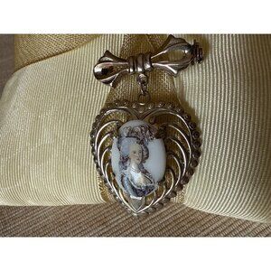 Vintage Porcelain Portrait Cameo Brooch Mid Century Victorian Revival